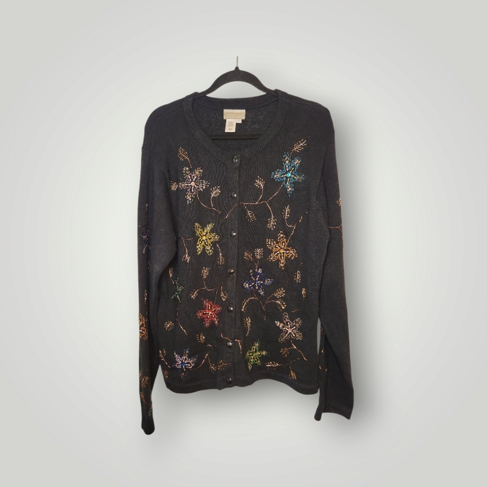 Coldwater Creek Embroidered Black beaded Sweater size L Beaded Floral Bouquets